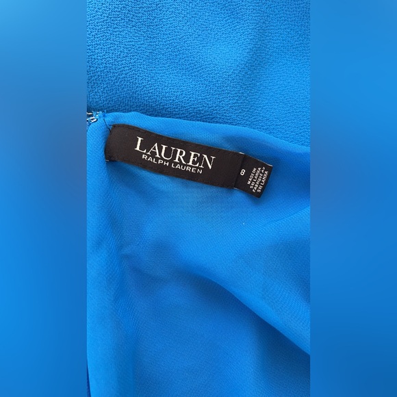 Lauren Ralph Lauren Midi Dress Women 8 Blue Crepe Belt Flutter Sleeve - Picture 12 of 13